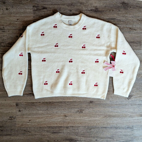 Target Women's Holiday Crewneck Pullover Sweater - A New Day Cream Cherries XL - Picture 1 of 5